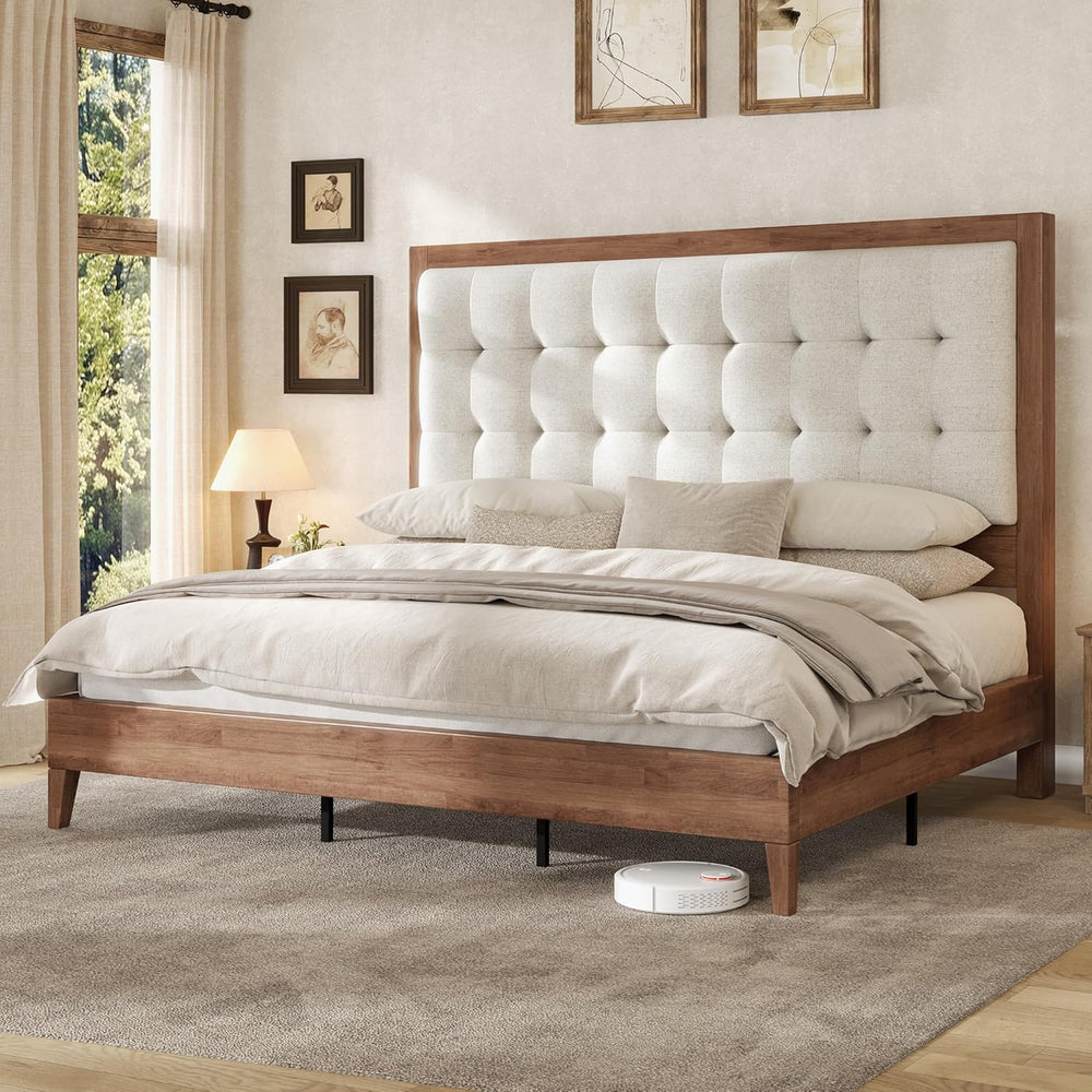 AMERLIFE Solid Wood Queen Bed Frame 50.2" Upholstered Headboard, Walnut