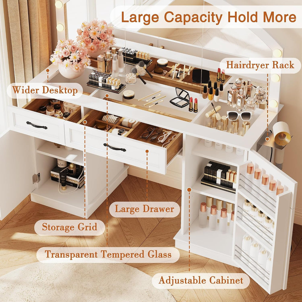 Vanity Table with Mirror and Lights, 55" Large LED Makeup Mirror with 3 ...