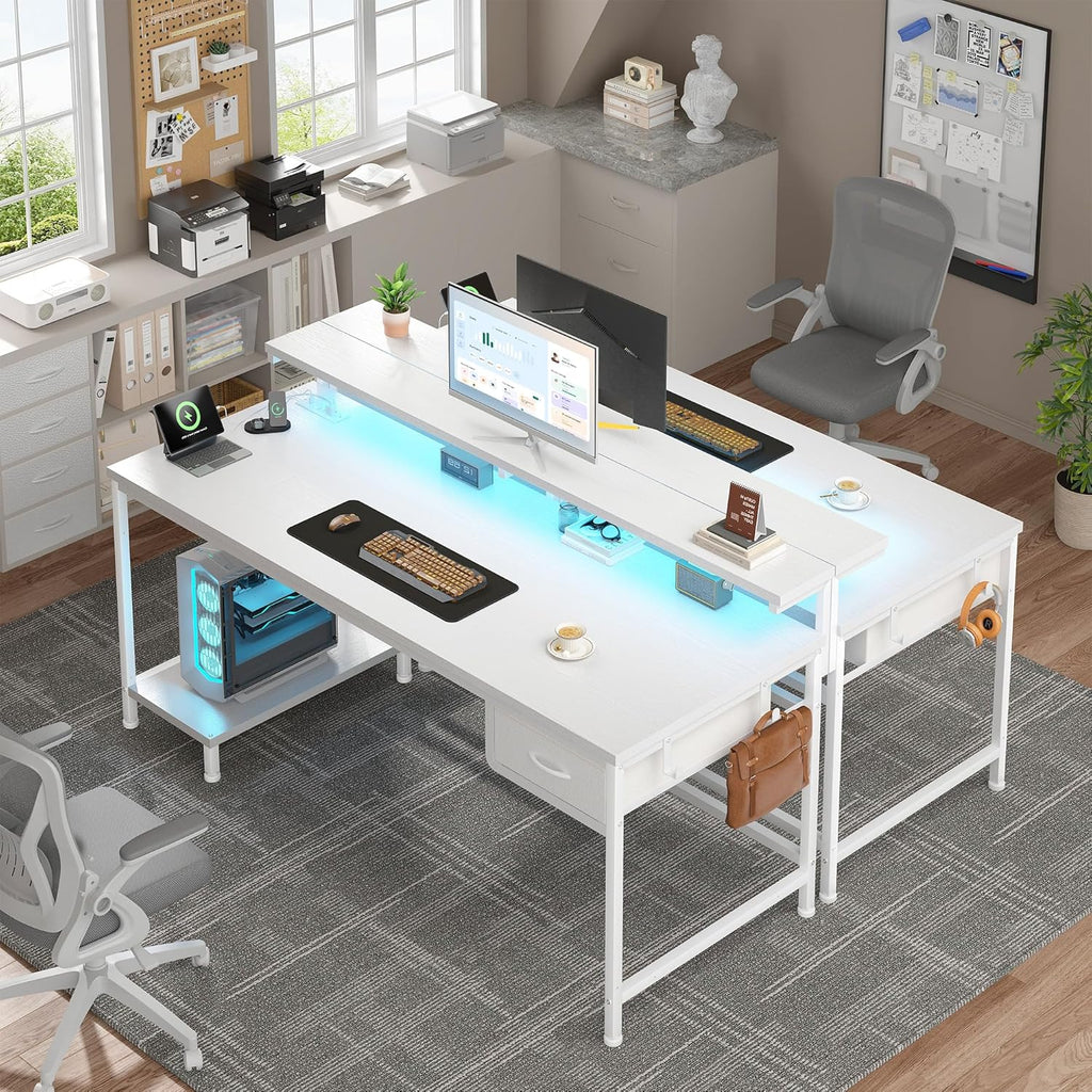 Computer Desk with Ergonomic Monitor Stand & CPU Stand,47.2" Gaming Desk with 1 Drawer & Power Outlet & LED Lights for Home Work, Bedroom Study and Gaming, Small Spaces,White