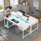 Computer Desk with Ergonomic Monitor Stand & CPU Stand,47.2" Gaming Desk with 1 Drawer & Power Outlet & LED Lights for Home Work, Bedroom Study and Gaming, Small Spaces,White