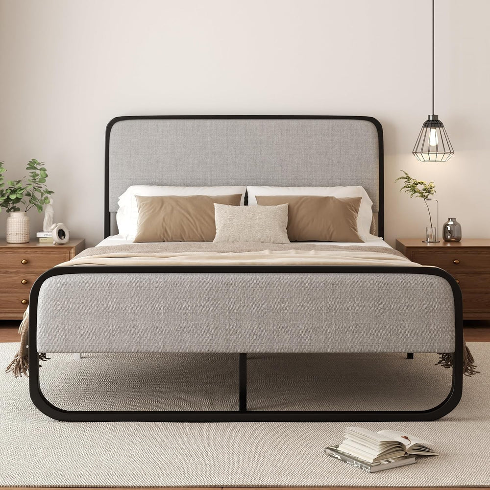 Sismplly Queen Size Upholstered Bed Frame with Curved Headboard and Footboard...