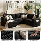 108 Inch Sectional Sleeper Sofa Bed with Pull Out Couch, U Shaped 7 Seat Cloud Modular Sectional Sofa with Storage, Corduroy Sectional Couches for Living Room, Removable Sofa Cover, Black