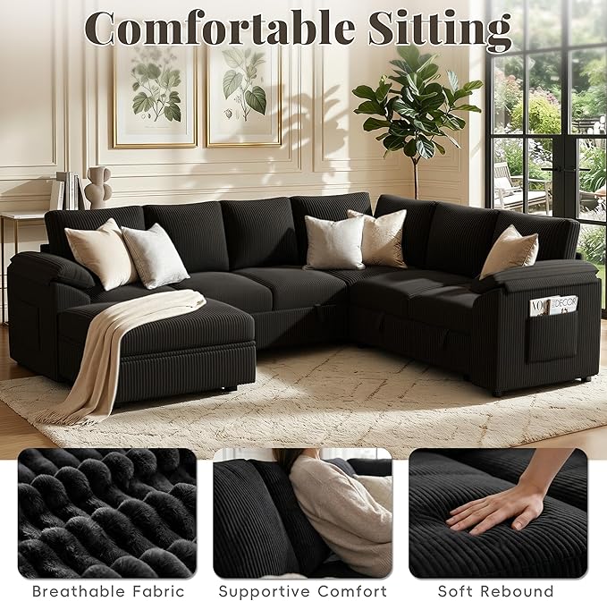 108 Inch Sectional Sleeper Sofa Bed with Pull Out Couch, U Shaped 7 Seat Cloud Modular Sectional Sofa with Storage, Corduroy Sectional Couches for Living Room, Removable Sofa Cover, Black