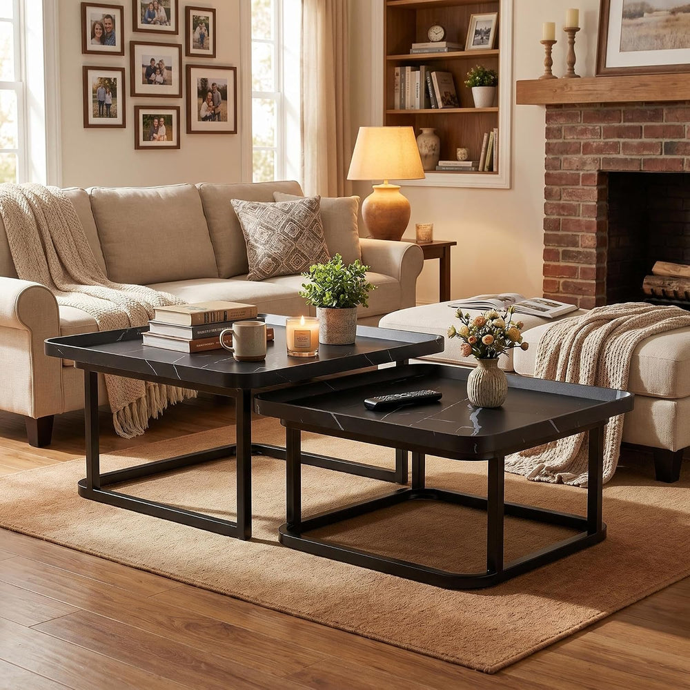 Set of2 Nesting Coffee Tables, Space‑Saving Side Table Set,Black | Stackable ...