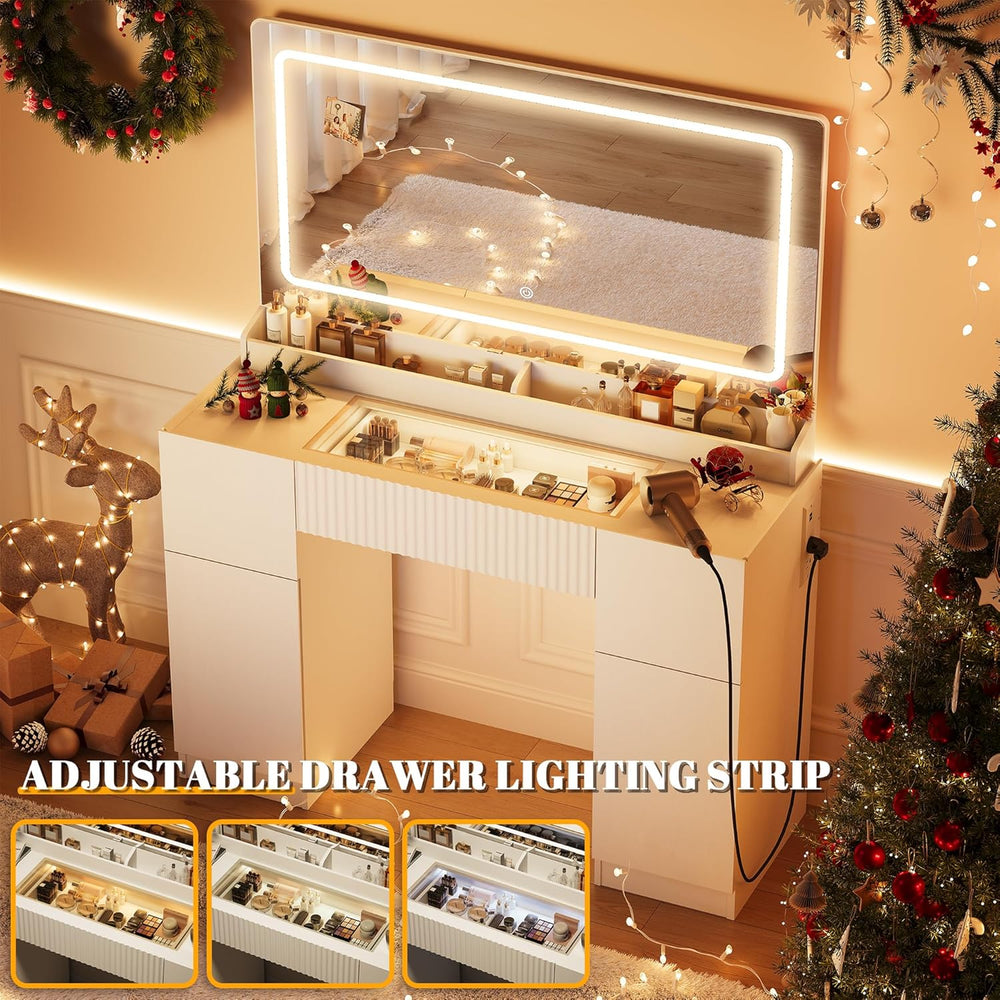 INNOD 44" Vanity Desk with Large Mirror and Lights, Modern Glass Top Mak...