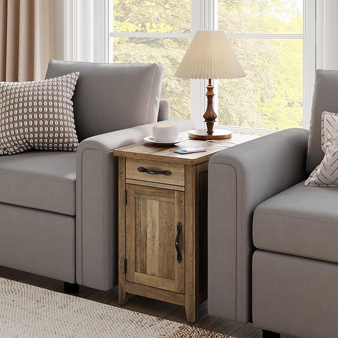 LINSY HOME Farmhouse End Table with Charging Station, Narrow Side Table for L...