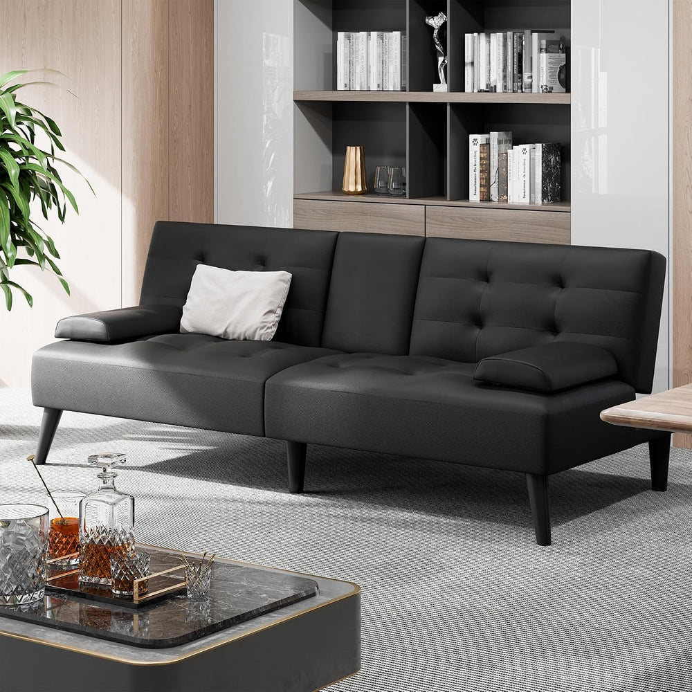 Shintenchi 64" Futon Sofa Bed, Leather Foldable Couch, Upholstered Loves...