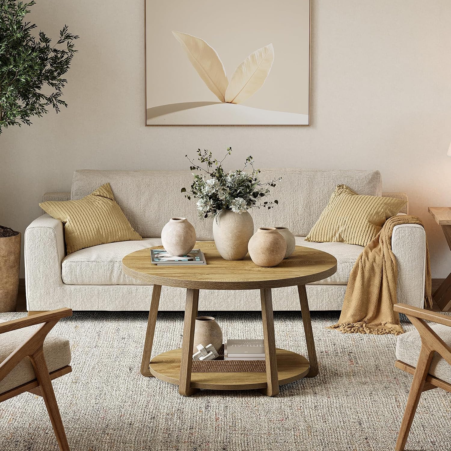 LITTLE TREE Round Coffee Table, 2-Tier Center Table with Storage | Wooden Legs, 31.5 Dia. x 19.6 H Inches, Easy Assembly, Circle Coffee Tables for Living Room, Bedroom