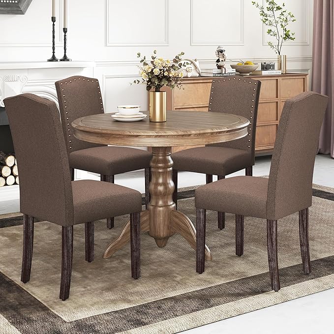 LSSBOUGHT Fabric Dining Chair Upholstered Parsons Kitchen Chair with Copper Nails and Solid Wood Legs for Dining Room,Restaurant (Taupe, 2PCS)