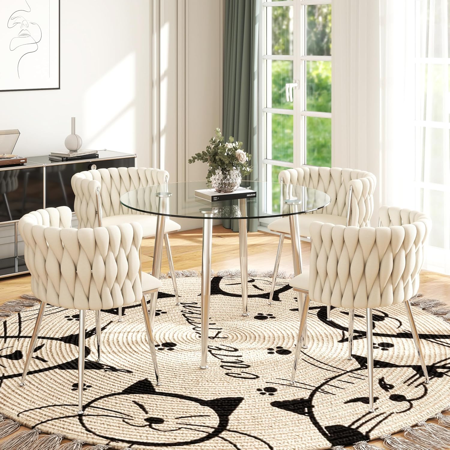 Silver Glass Round Dining Set for 4, 36'' Modern Minimalist Luxury Circle Dinner Room Set, 5 Piece Clear Glass Circular Kitchen Table with Ivory Woven Chair Set, for Small Apartment Home