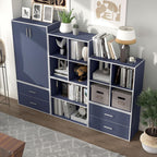 Homes: Inside + Out Apexa 3-Tier Stackable Wood Bookcase with Doors, Cube Storage Organizer Shelves, Small Food Pantry Cabinet, Dorm Teen Room Decor & Bedroom, Home Office, Kitchen, Steel Blue