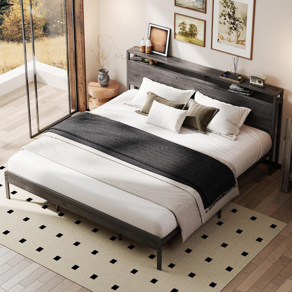 LIKIMIO California King Bed Frames with 2-Tier Storage Shelf Headboard