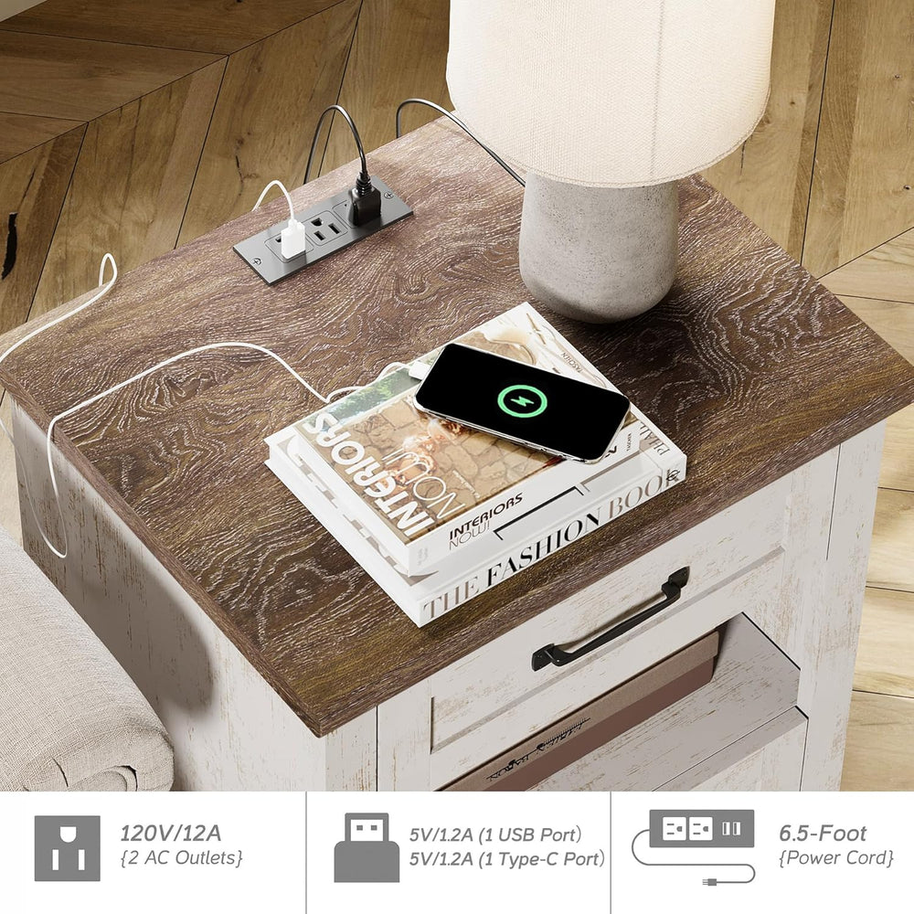 WAMPAT Set of 2 End Tables Nightstands with Charging Station, Sofa Side Table...