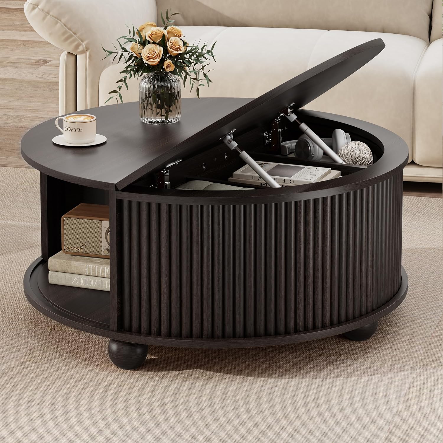 DHH Fluted Round Coffee Tables,31.5" Mid Century Modern Circle Drum Table with Storage, Accent Coffee Table with Sliding Cabinet Door for Living Room Small Space (Dark Walnut)