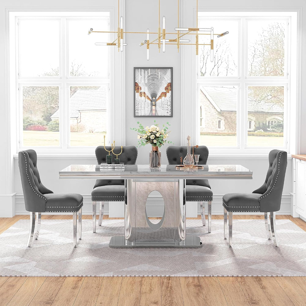 AF ARTISAN FURNITURE 7 Piece White Marble Dining Table, 70'' Rectangl...