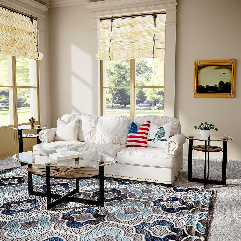 Set of 3 Living Room Tables Set -One Coffee Table and Two End Tables with Tem...