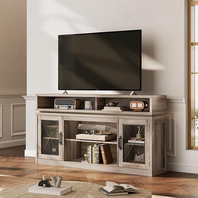 WLIVE Farmhouse TV Stand for TVs Up to 65 Inches, Tall Entertainment Center with Storage Cabinets & LED Lights, Media Console for Living Room, Bedroom, Home Theater, Gray Oak