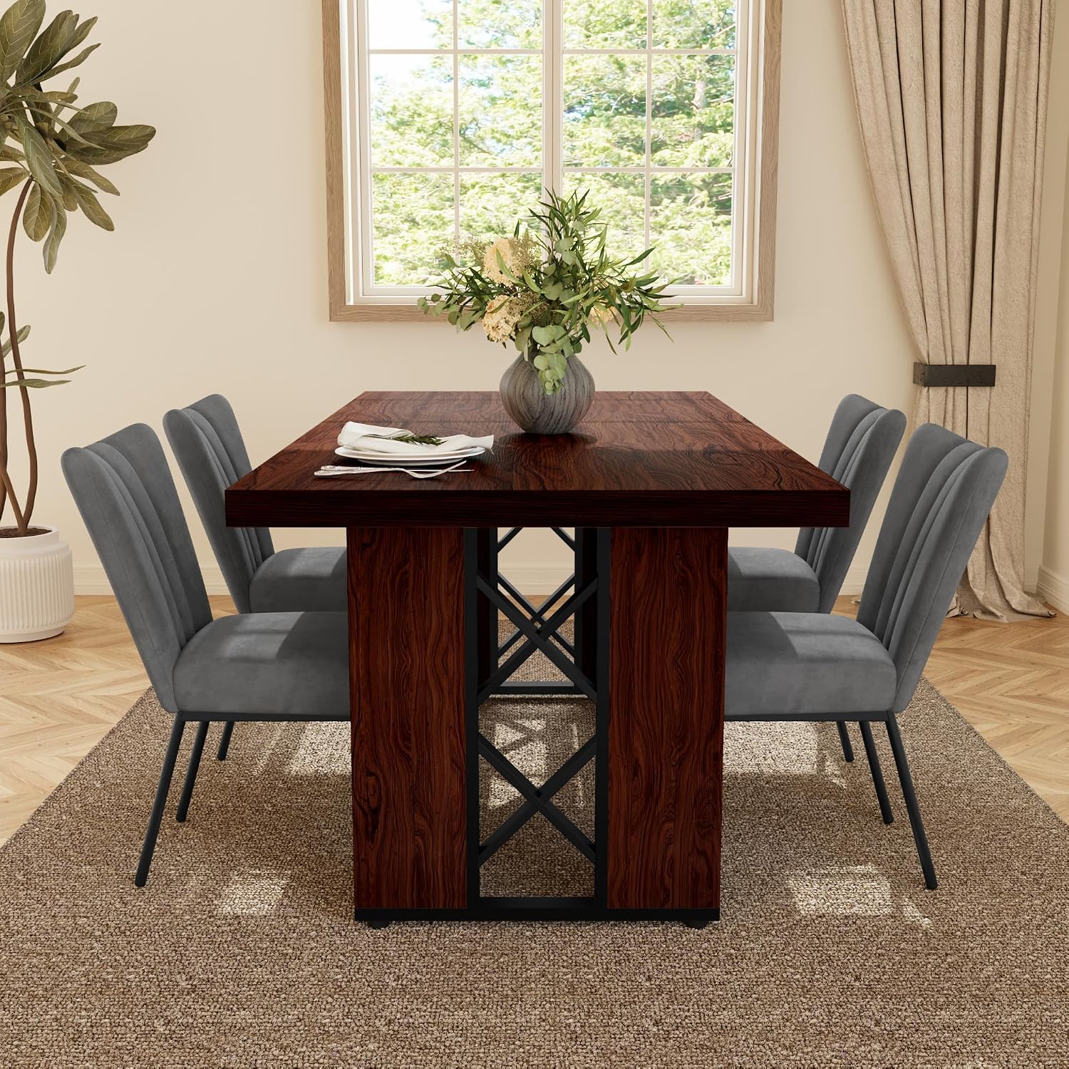 HIPIHOM 7-Piece Dining Table Set for 6, Walnut Table with 6 Grey Chairs | Thick MDF Tabletop, Rectangle Kitchen Table Set with Metal Legs for Breakfast Nook, Dining Room, Kitchen, Apartment