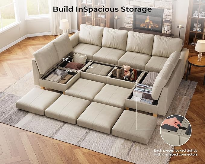 SITJOY 118" Faux Leather Modular Sectional Sofa with Storage, Mid Century Modern Sectional Couches for Living Room, Soft Padded Armrests, Oversized 10 Seat U Shaped Sofa Bed with Chaise, Greige