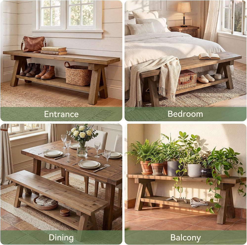 63-Inch Farmhouse Dining Bench, Solid Wood Indoor Entryway Bench | 2-TierStor...
