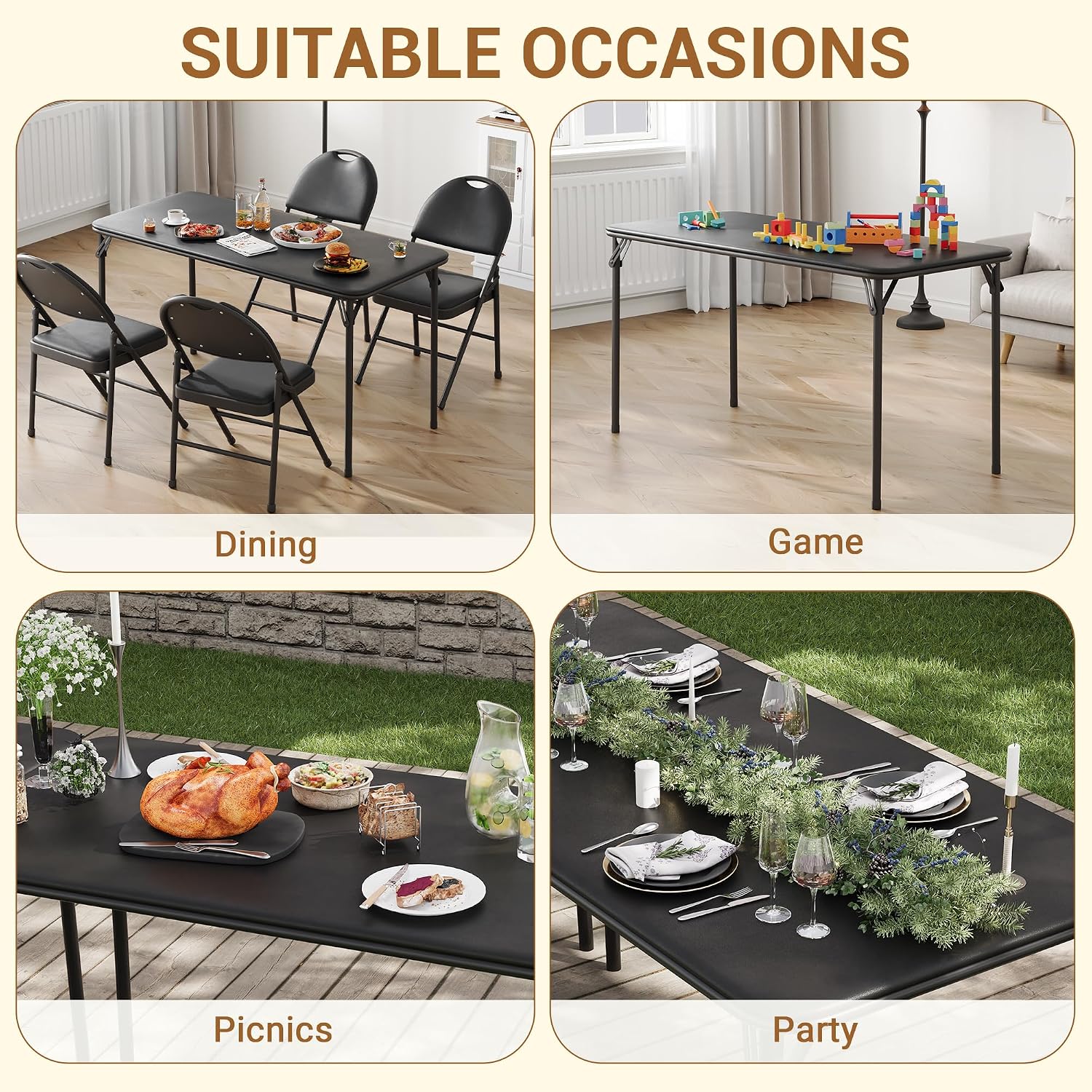 coucheta 5-Piece Rectangle Folding Table and Chairs Set, Foldable Portable Card Table and Chairs, Scratch & Stain Resistant Tabletop, for Dining Room, Living Room, Office, Camping, Gatherings, Black