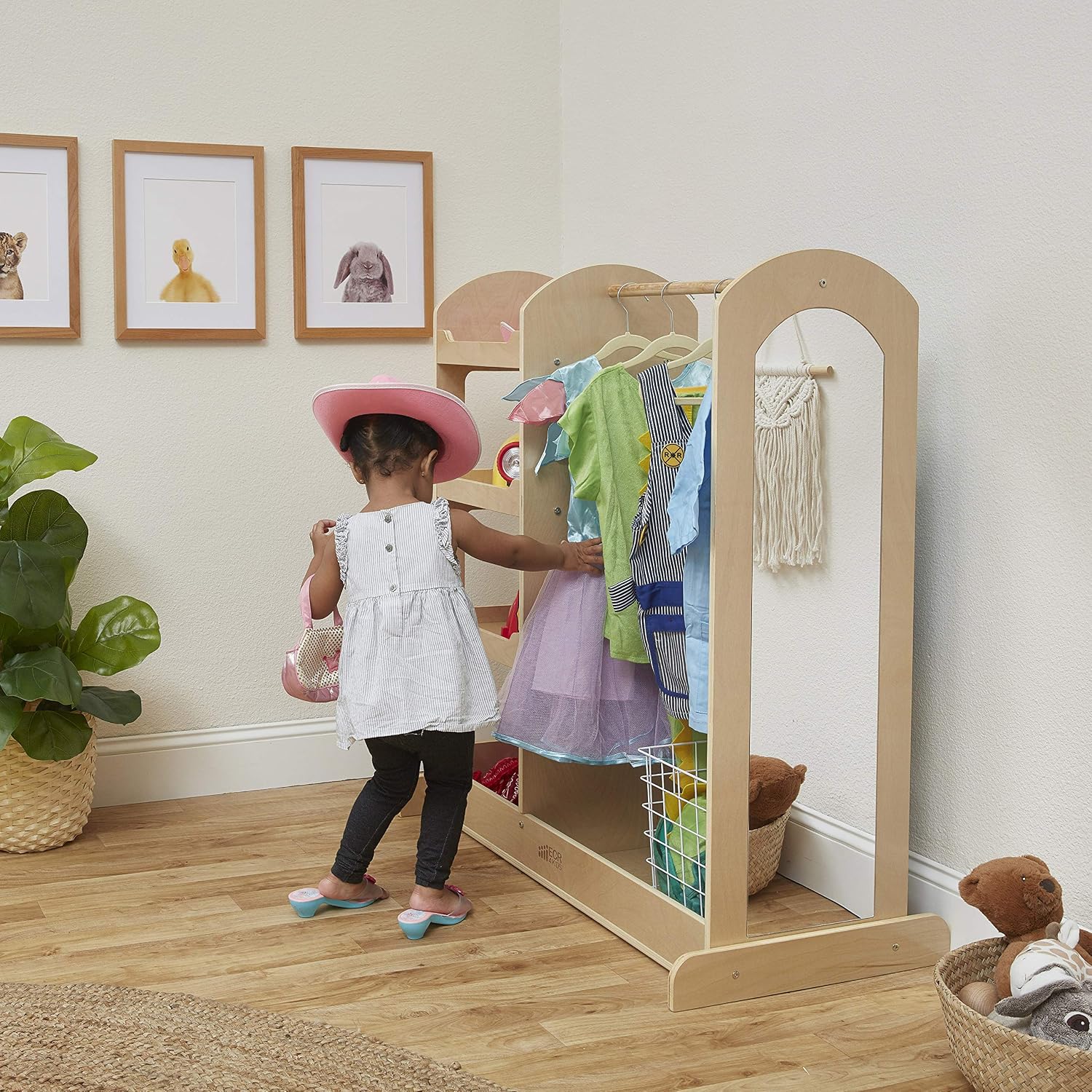 ECR4Kids Dress-Up Center with Mirror, Costume Organizer, Montessori Furniture, Natural