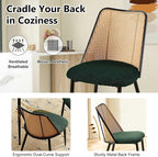 Rattan Chairs Green Set of 2, Woven Cane Dining Chairs Upholstered Boucle Stylish Cozy Kitchen Accent Chairs Armless