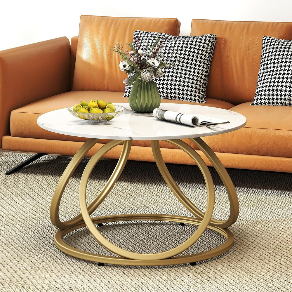 O&K FURNITURE Gold Round Coffee Table, Faux Marble Top with Veins, Modern...