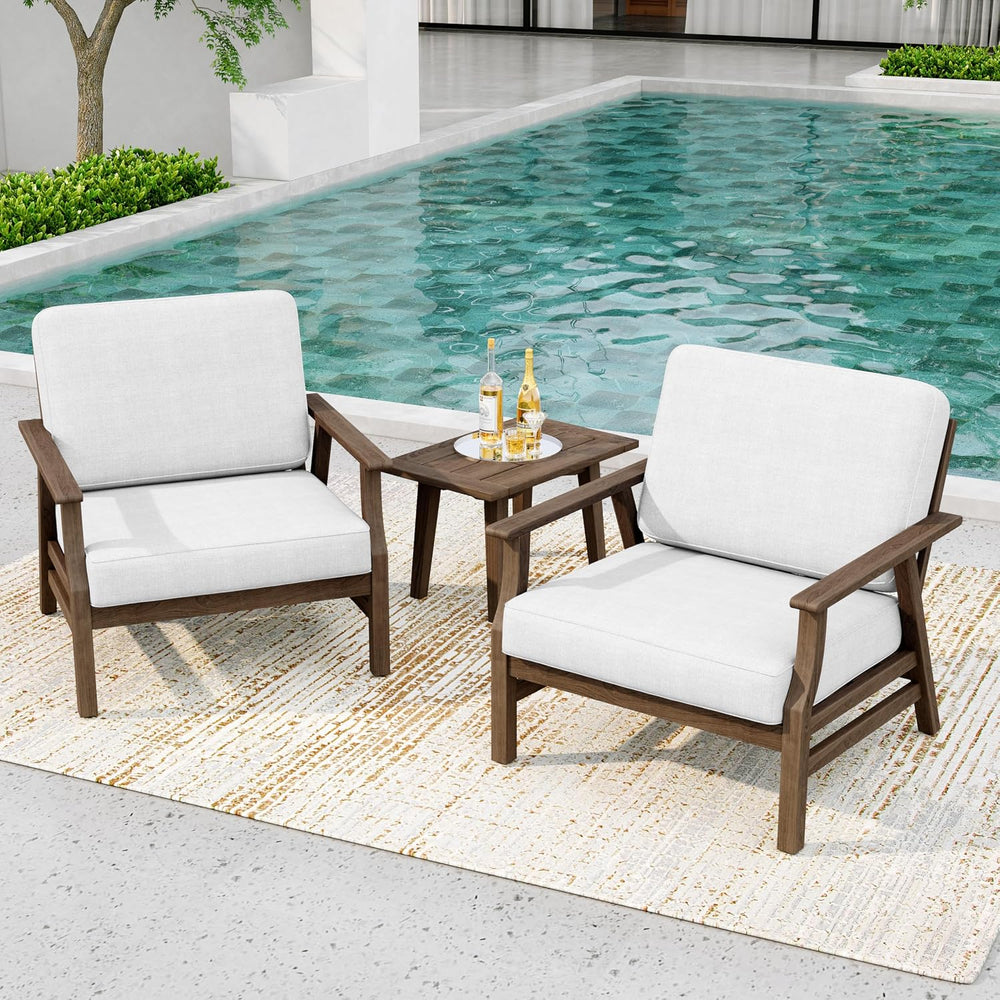 3 Piece Wood Patio Chair Outdoor Bistro Set, Outdoor Armchair All Weather Pat...