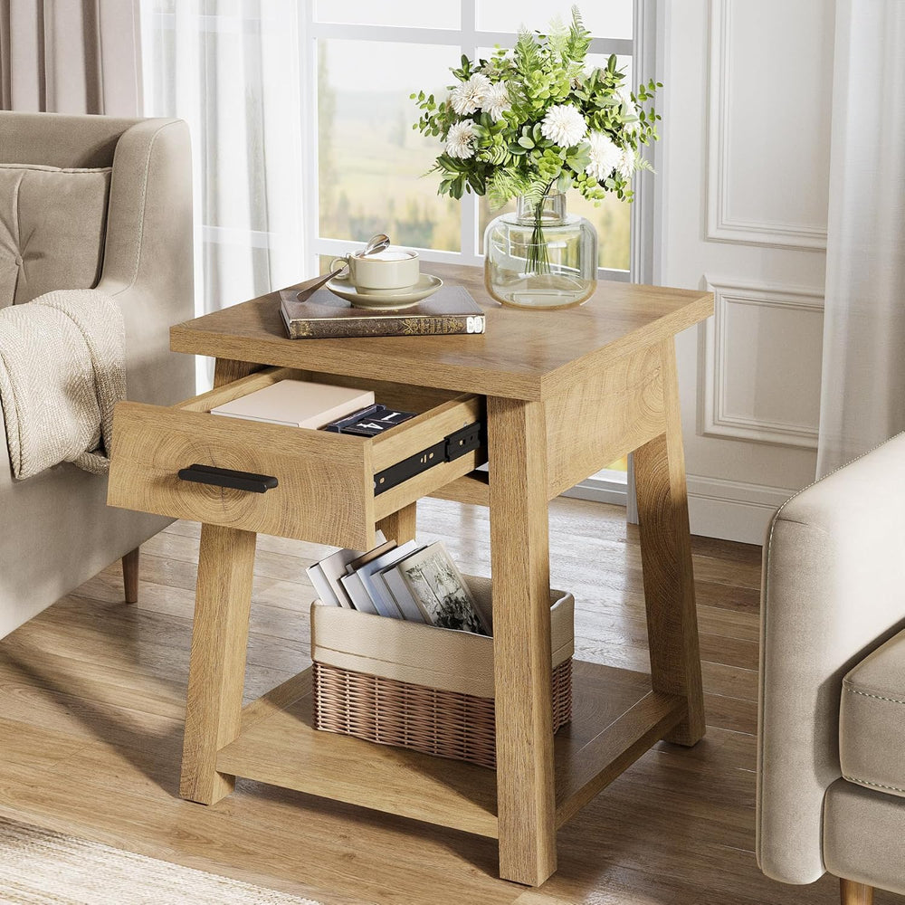 Tribesigns Farmhouse Square Side Table, 2 -Tier Wooden End Table with Drawer,...