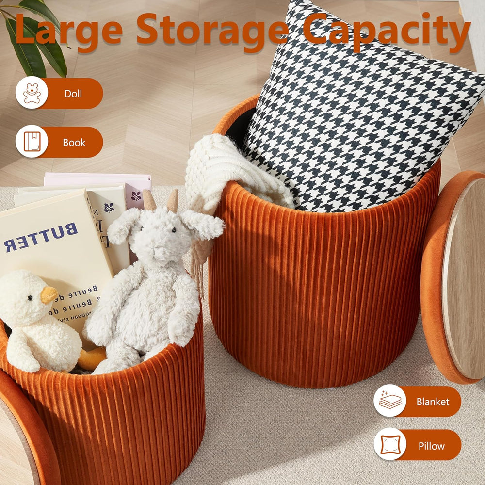 Royal Windsor Round Ottoman with Storage Set of 2, Storage Vanity Stool | Vel...