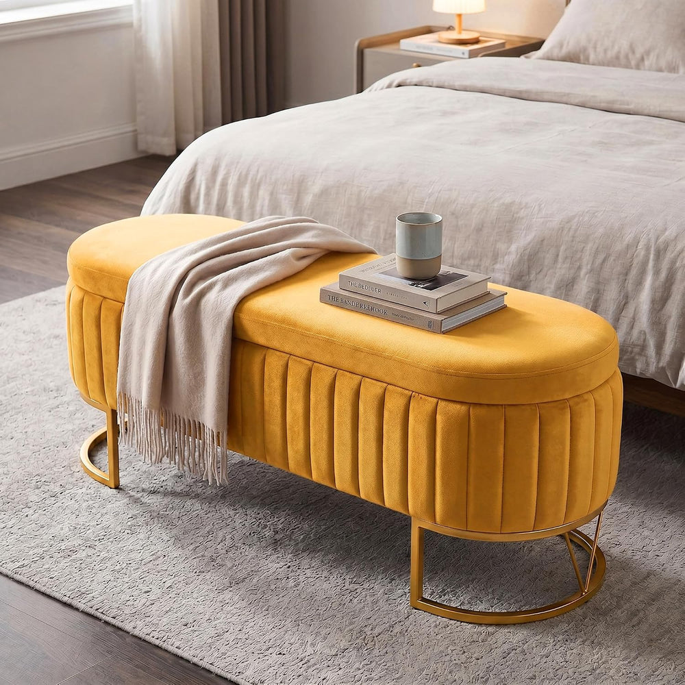 Storage Bench Bedroom Bench, Velvet Oval Upholstered End of Bed Bench with Go...