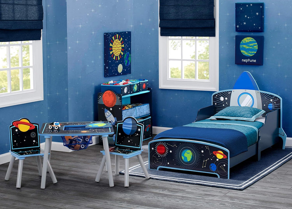 Delta Children Space Adventures Rocket Ship Wood Toddler Bed - Greenguard Gold Certified, Blue & Space Adventures Kids Upholstered Chair, Blue