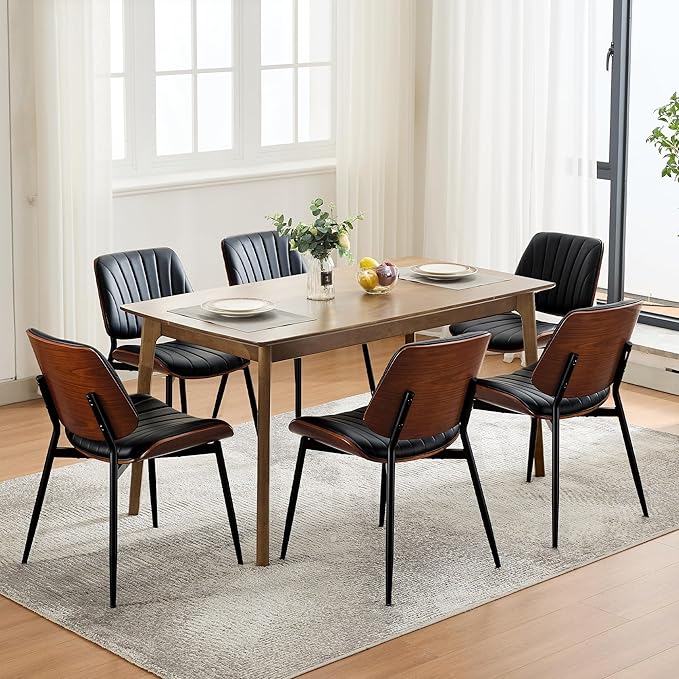 Garvee Dining Chairs Set of 6, Mid-Century Modern Upholstered Retro PU Leather Kitchen Chairs with Walnut Bentwood Back and Metal Legs Adjustable Feet for Kitchen Dining Room, Black Shell Strips