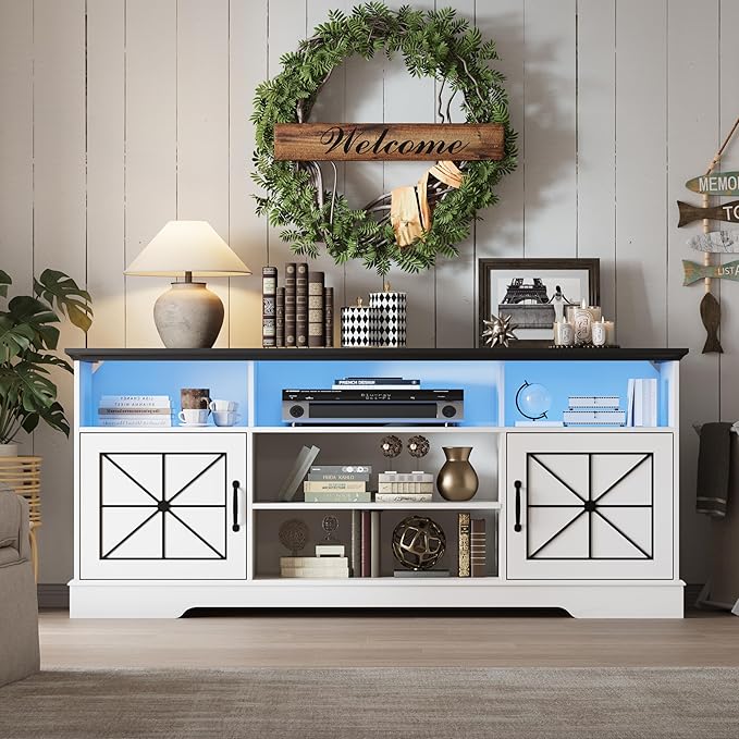 Farmhouse TV Stand for 65/60/55 Inch Tvs, Rustic Entertainment Center with LED Lights and Power Outlets, Modern Media Console Table, Wood Television Furniture for Living Room, Bedroom, White