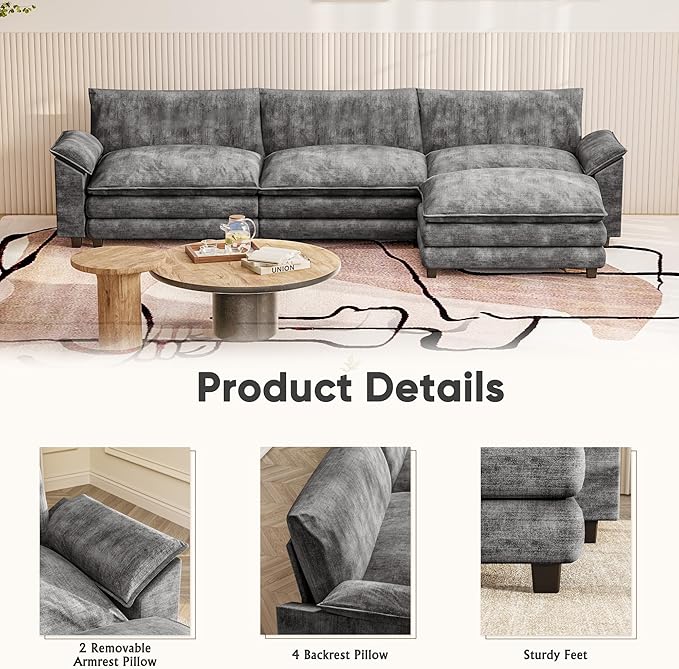 Furniwell 119" Modular Couch 3-Seat Sofa with Reversible Ottoman, Cloud Couch L Shaped Sofa with Deep Seat, Chenille Sectional Couches for Living Room