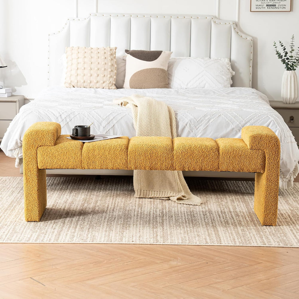 Boucle End of Bed Bench Upholstered Modern Bedroom Bench Channel Tufted Windo...