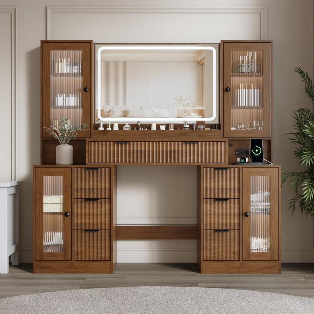 55" Vanity Desk with Mirror & Lights, Fluted Makeup Vanity with 8 Dr...
