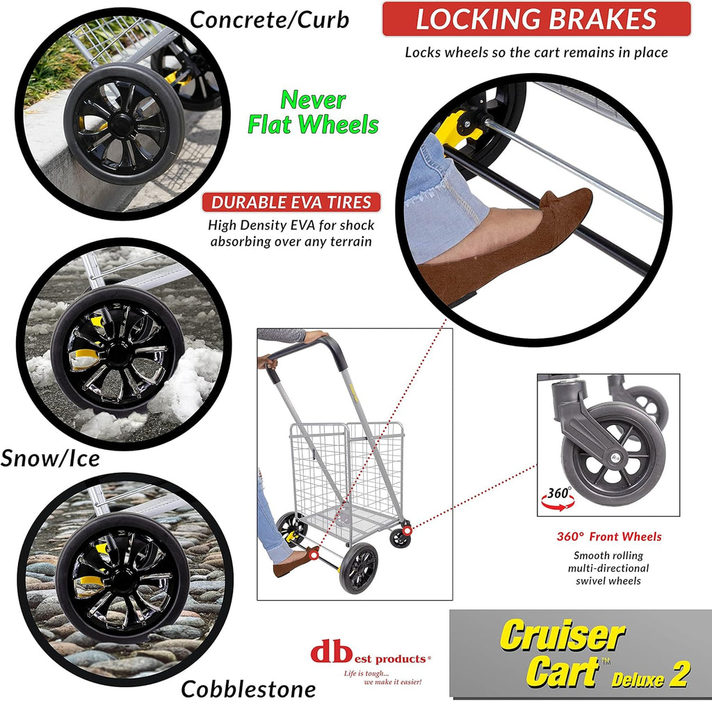 dbest Products Cruiser Cart Deluxe 2 Germ Guard Bundle Shopping Handle Grocery Rolling Folding Laundry Basket on Wheels Foldable Utility Trolley Compact Lightweight Collapsible