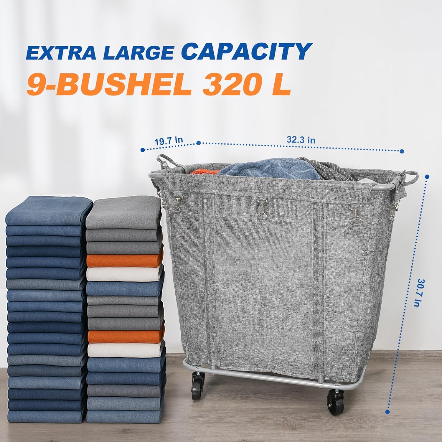PLKOW Laundry Cart with Wheels 320L Large Rolling Laundry Cart for Commercial/Home, Rolling Laundry Basket with Steel Frame and Waterproof Lining, 9 Bushel, 32.3L x 19.7W x 30.7H Inch, Grey