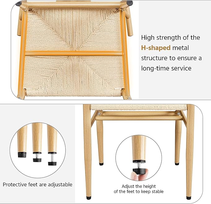 Yaheetech Weave Dining Chairs Set of 6 Mid-Century Modern Dining Room Chairs with Weave Hemp Seat and Metal Legs for Kitchen, Living Room, Restaurant, Wood Color