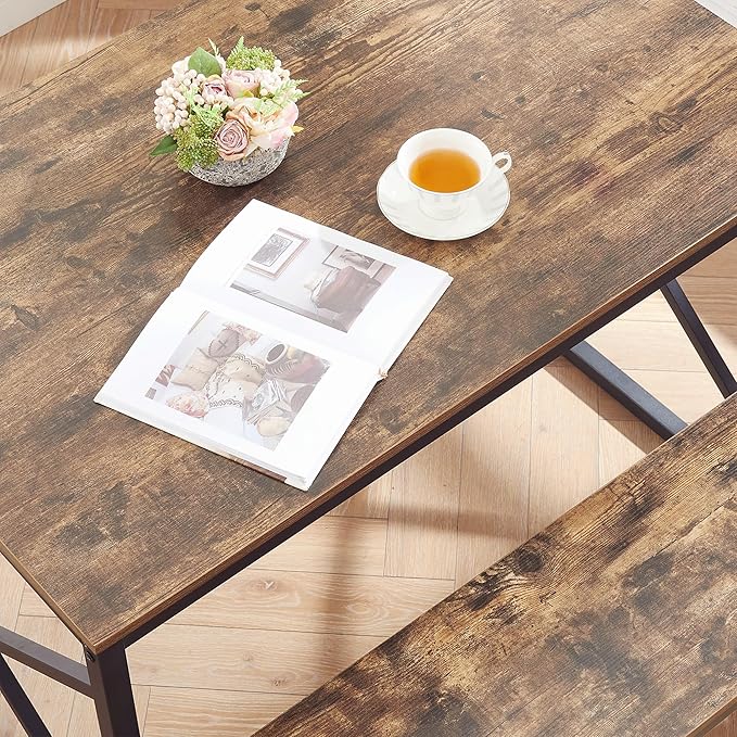VECELO 43.3 Inch Dining Table Set for 4, Rectangle Dinner Breakfast Dinette with 2 Benches, Thickened Metal Frame & Board, for Kitchen, Living Room, and Small Space, Rustic Brown