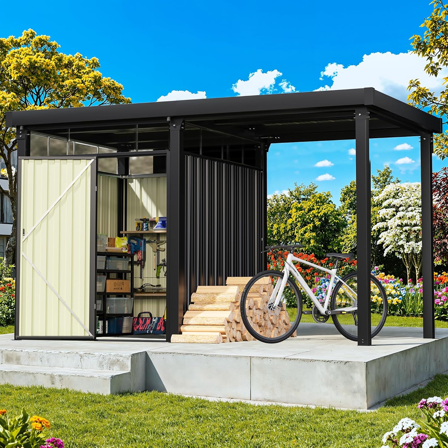 Greesum 2-in-1 Outdoor Storage Shed & Gazebo, 7x8FT Metal Lockable Shed and 7x8FT Open-Sided Pergola, Gutter Design and Transparent Window, for Patio, Garden, Backyard, Gray