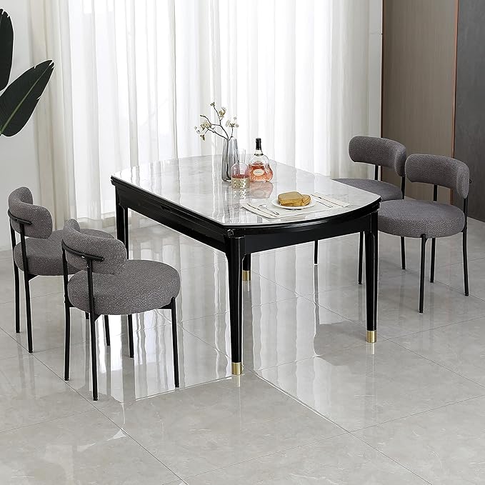 DYHOME Dark Grey Dining Chairs Set of 2, Mid-Century Modern Dining Chairs, Kitchen Dining Room Chairs, Curved Backrest Round Upholstered Boucle Sherpa Dining Chair with Black Metal Legs