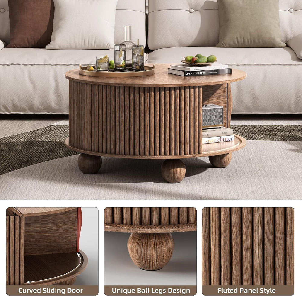 JOINICE 31.5" Round Coffee Table with Storage,Unique Bun Feet,Walnut Finish