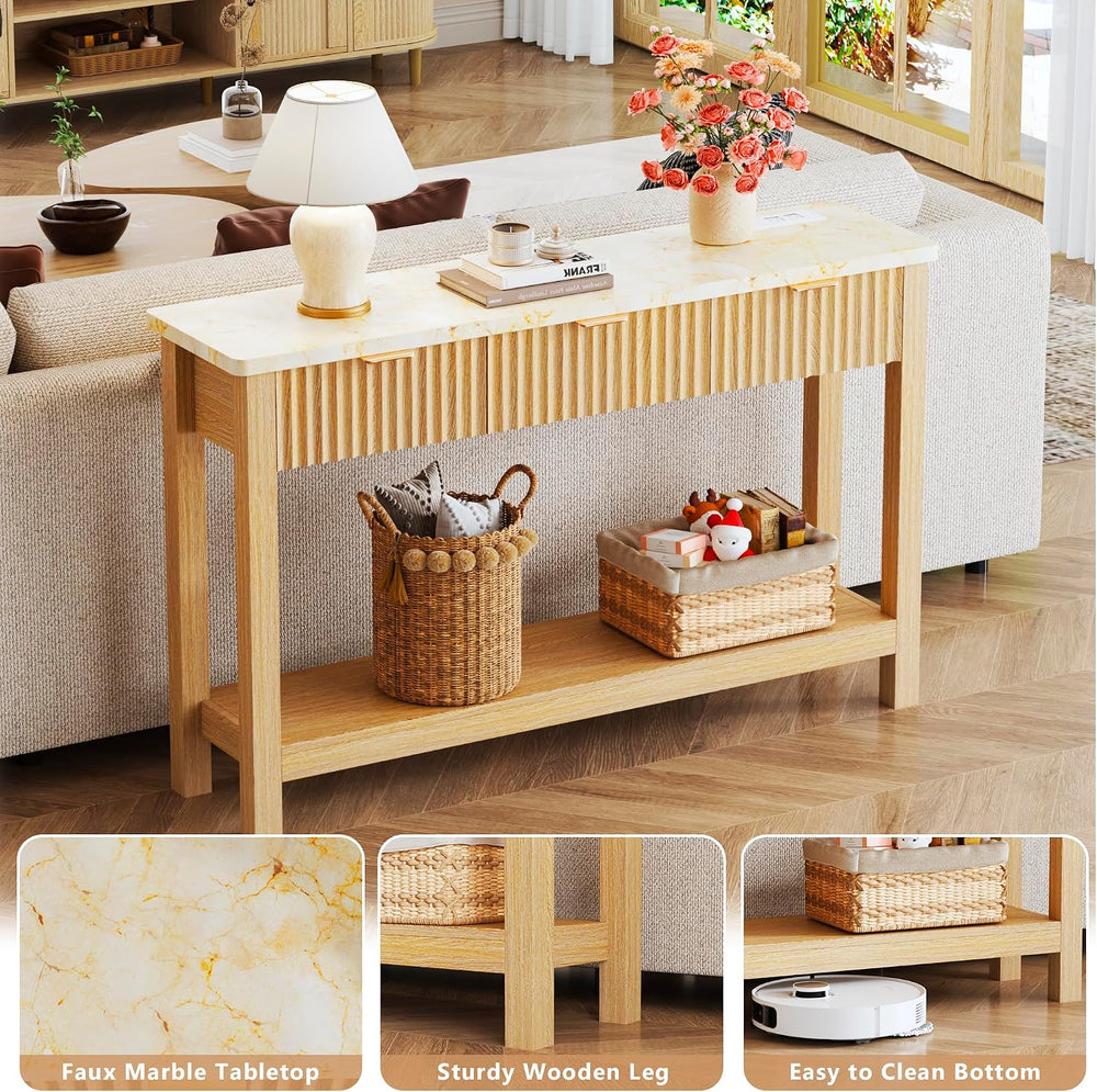 HUAHUU 47.2" Fluted Console Table with 3 Drawers, Long Sofa Table with S...