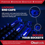 Olsa Tools 3 Pc Set Aluminum Socket Organizer with Locking End Caps | 1/4-Inch Drive x 24 Clips, 3/8-Inch Drive x 18 Clips, 1/2-Inch Drive x 16 Clips | Professional Quality Socket Holder (Blue)