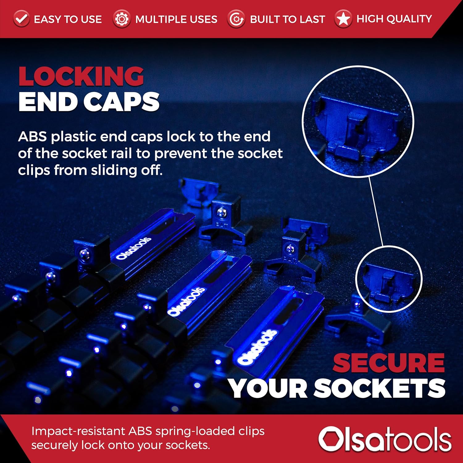 Olsa Tools 3 Pc Set Aluminum Socket Organizer with Locking End Caps | 1/4-Inch Drive x 24 Clips, 3/8-Inch Drive x 18 Clips, 1/2-Inch Drive x 16 Clips | Professional Quality Socket Holder (Blue)
