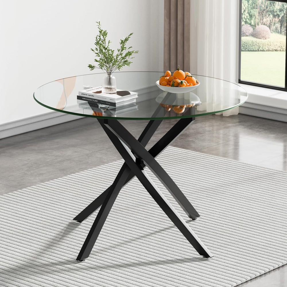 Modern Glass Dining Table Round Dining Room Table with Tempered Glass Top, Bl...