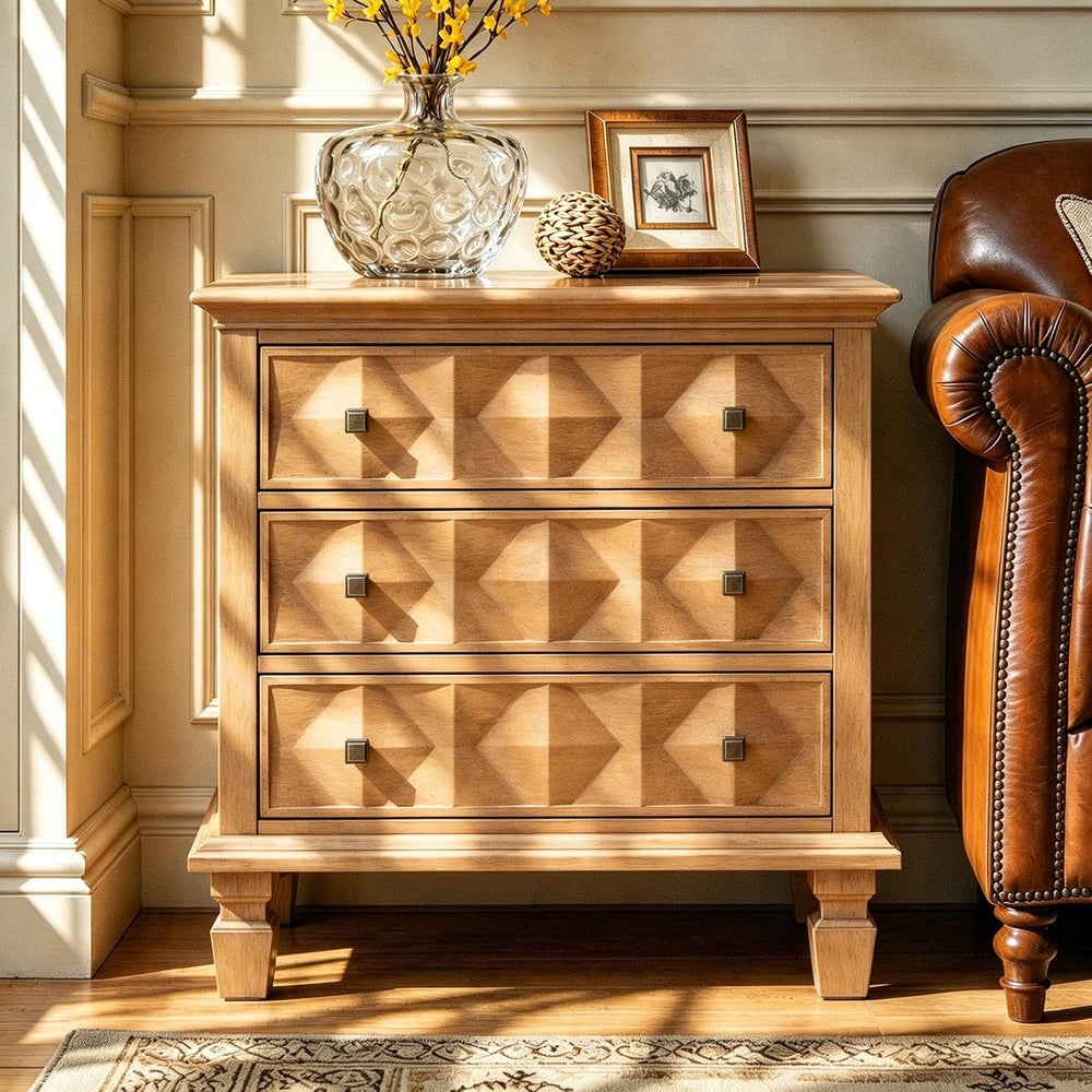 Traditional Geometric Textured Nightstand, 3 Drawer Solid Wood Bedside Table ...